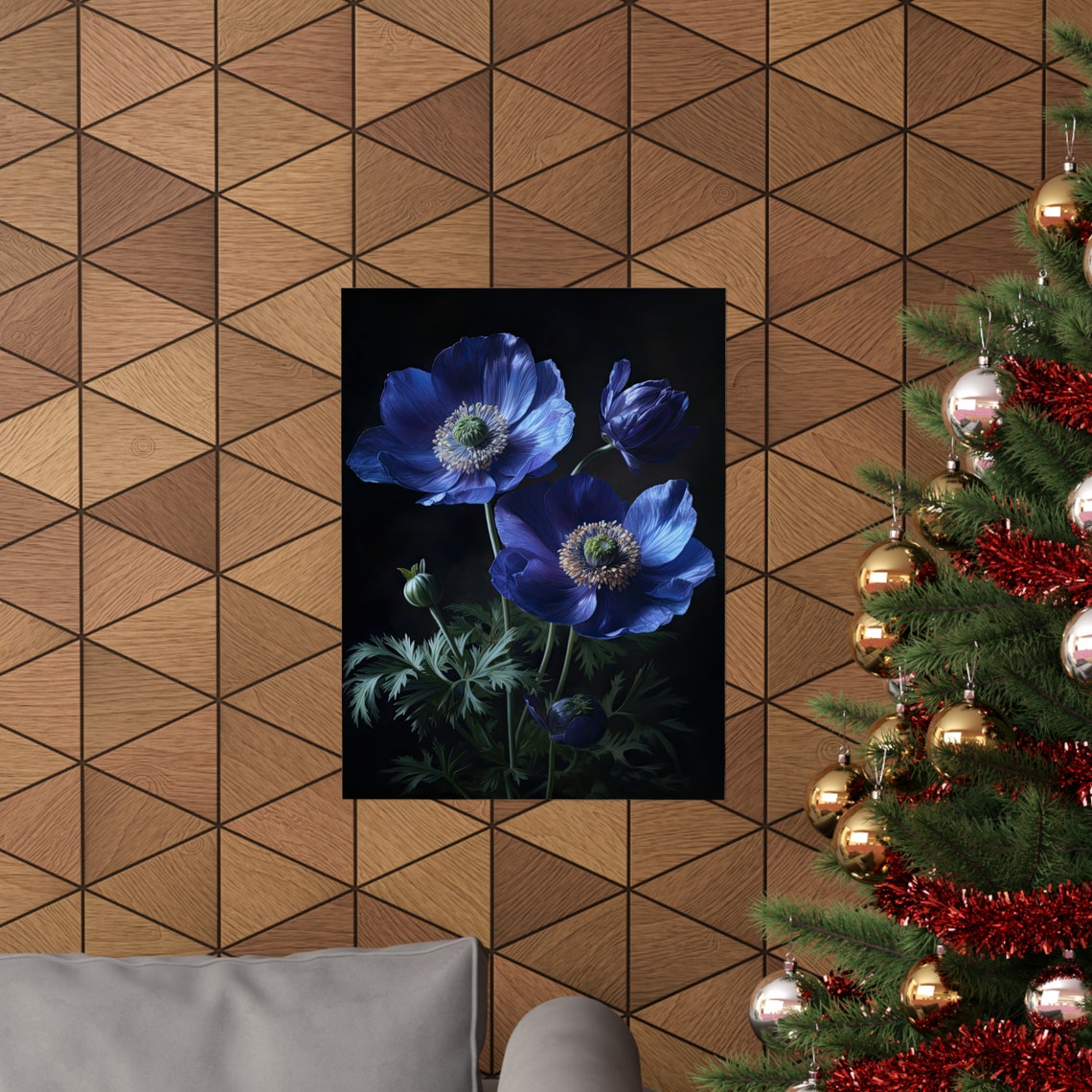 Deep Blue Anemone Blooms Dark Moody Botanical Floral Art Wall Poster - Image 3