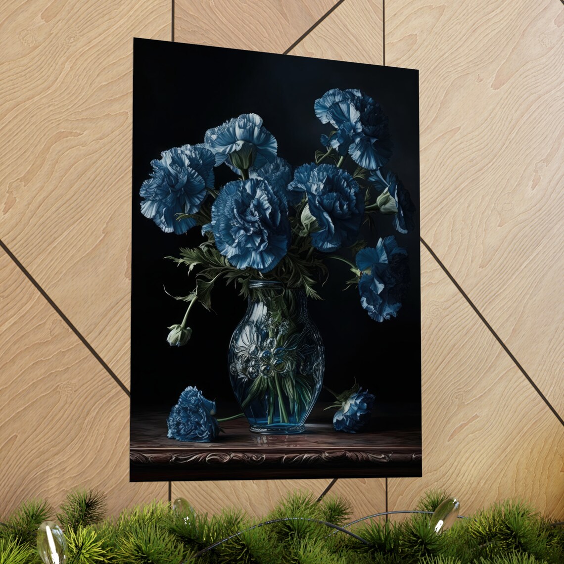Blue Carnation Bouquet Carved Glass Vase Rare Dark Floral Poster - Image 2