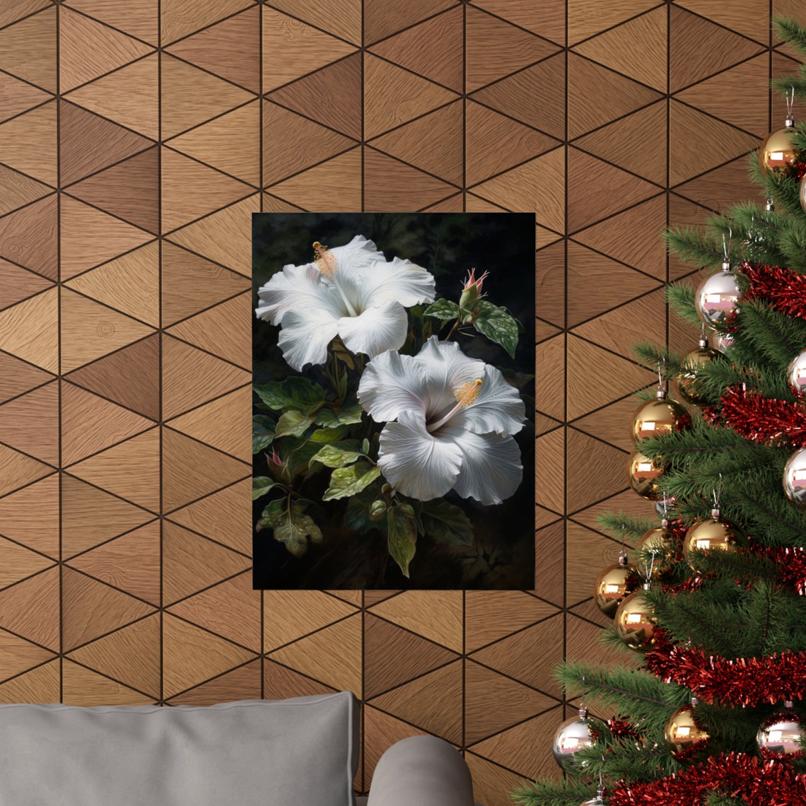 White Hibiscus Flowers Dark Background Tropical Fine Art Poster - Image 3