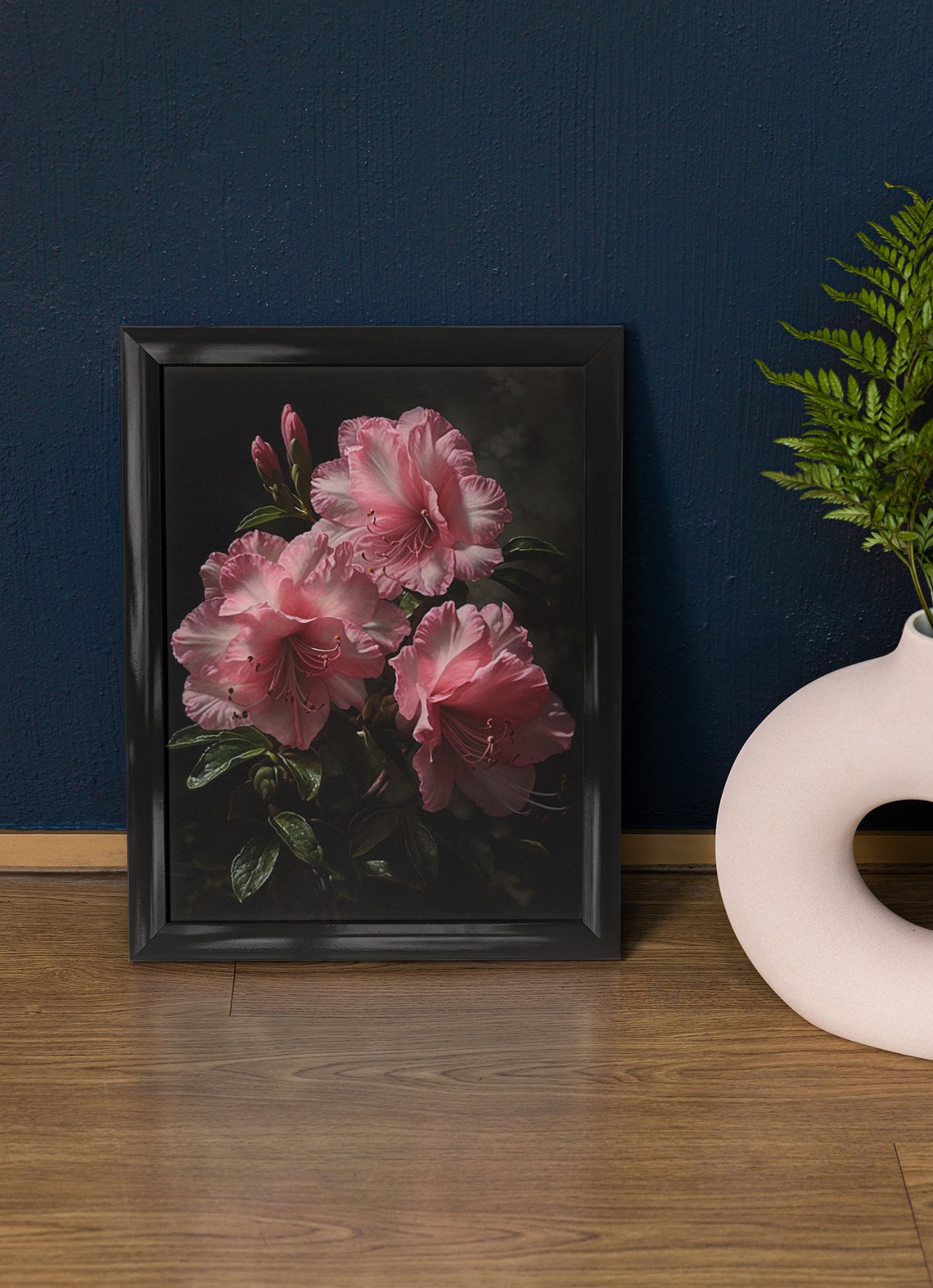Pink Azalea Blossoms Moody Dark Botanical Floral Wall Art Print