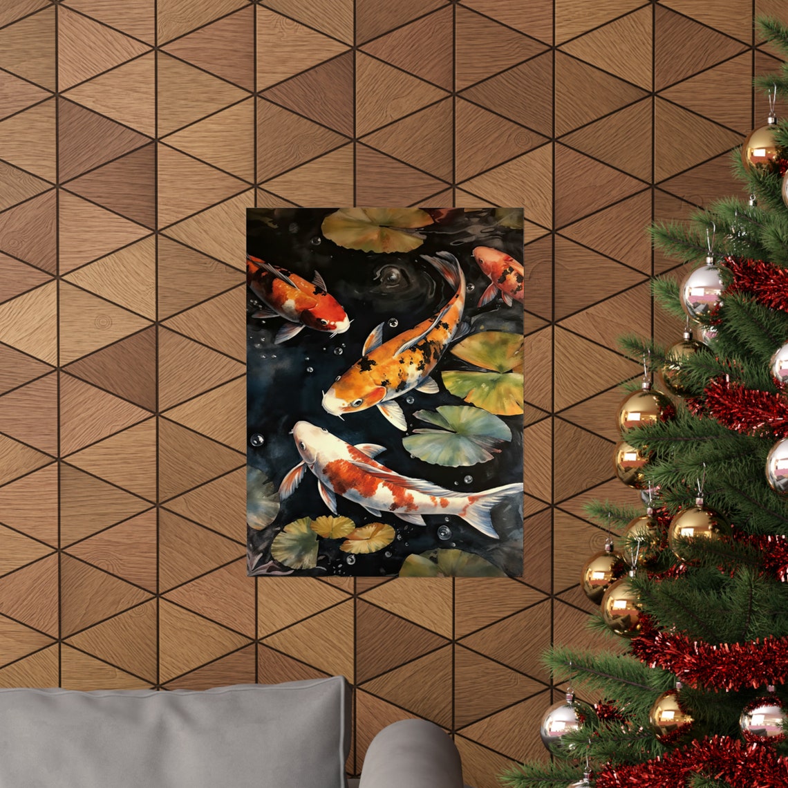 Four Koi Fish Pond with Lily Pads Bubbles Painting Art Print - Image 3