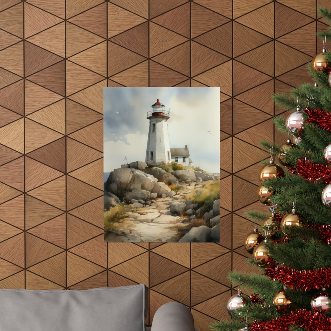 White Lighthouse Keepers House Stone Path Daylight Watercolor Poster - Image 3