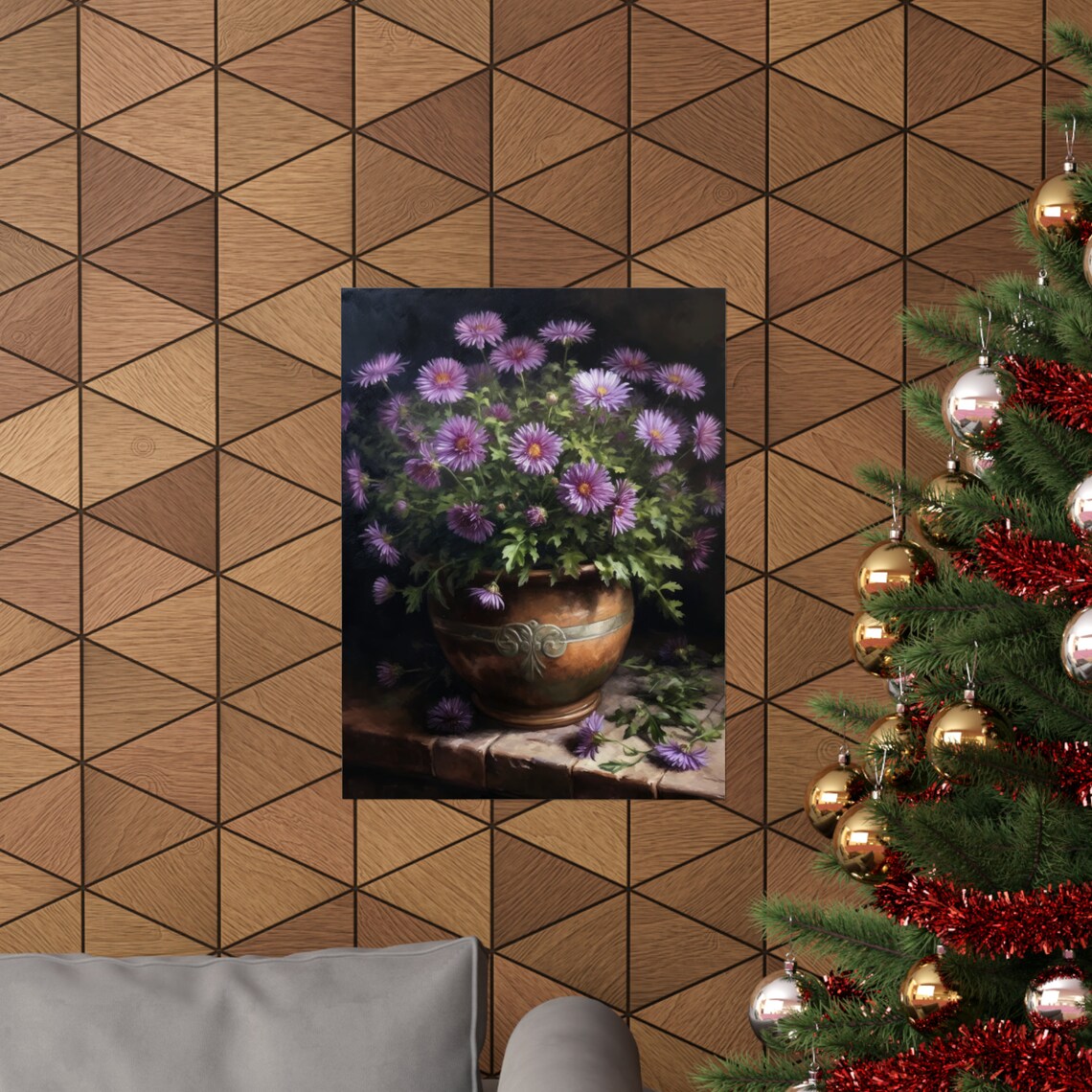 Lavender Aster Flowers Ornate Bronze Pot Still Life Floral Art Print - Image 3