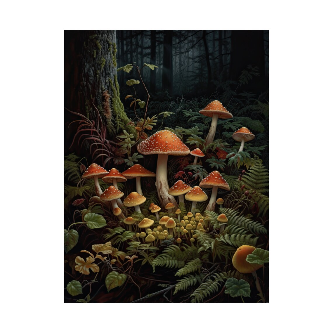 Mixed Amanita Mushroom Patch With Ferns Yellow Blooms Forest Poster - Image 4