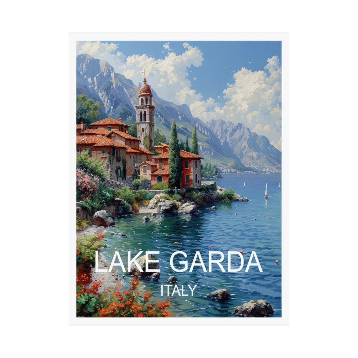 Lake Garda Italy Lakeside Church Mountain View Travel Poster - Image 3