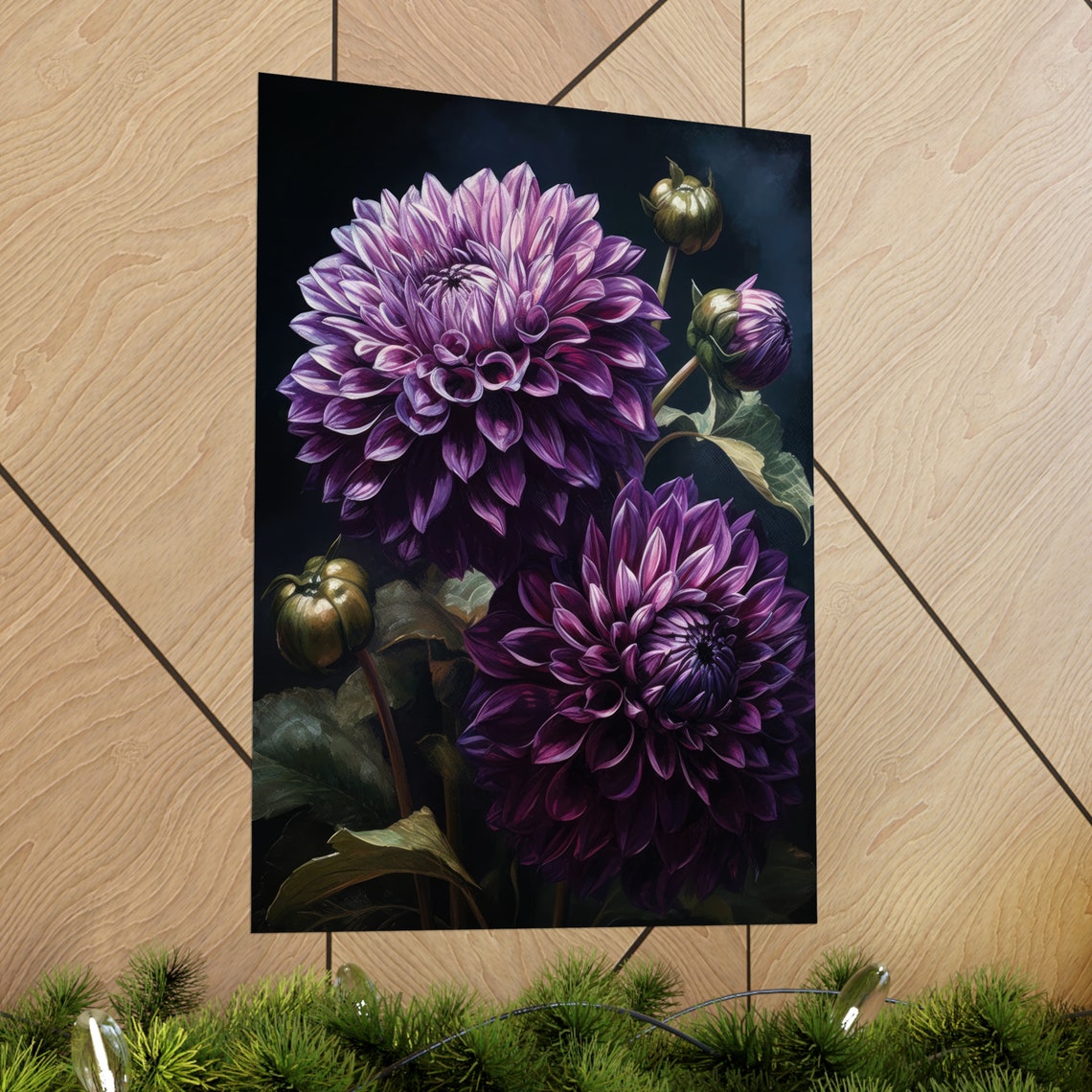 Deep Purple Dahlia Blooms Moody Dark Floral Botanical Art Print - Image 2