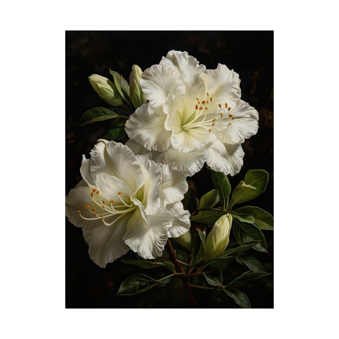 White Azalea Blooms with Buds Dark Moody Botanical Floral Art Poster - Image 4
