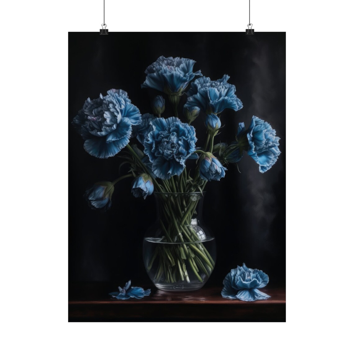 Blue Carnations Round Glass Bowl Soft Misty Dark Floral Art Poster - Image 5