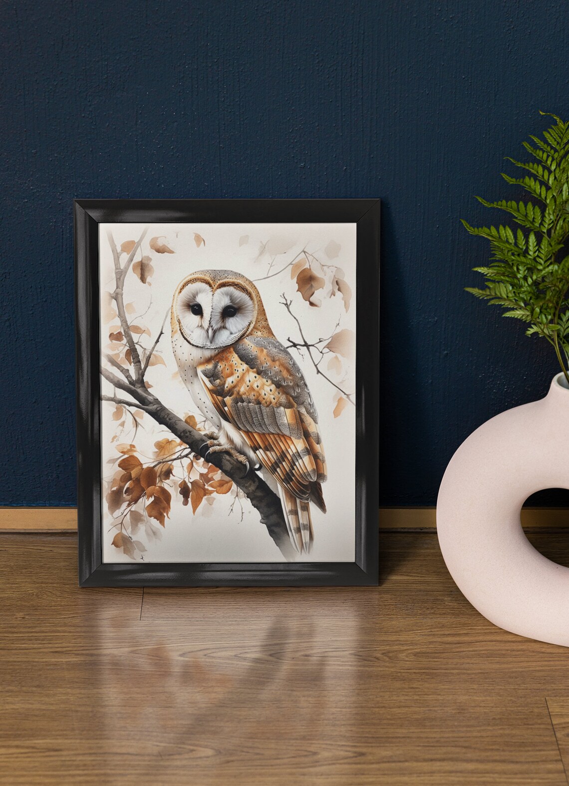 Barn Owl Watercolor Branch Autumn Leaves Bird Painting Wall Art