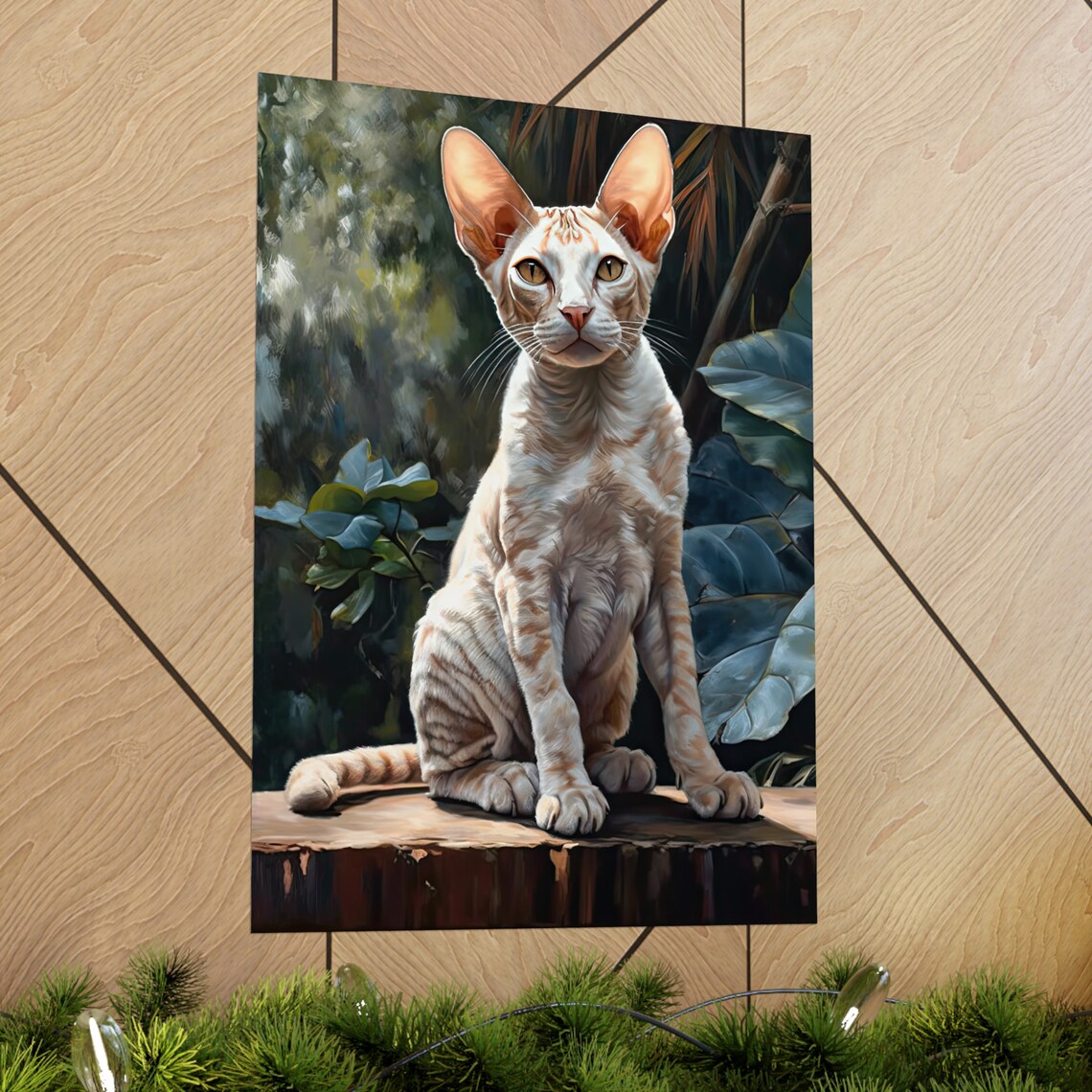 Devon Rex Cat Portrait Wooden Stump Cream Wavy Coat Large Ears Art Print - Image 2