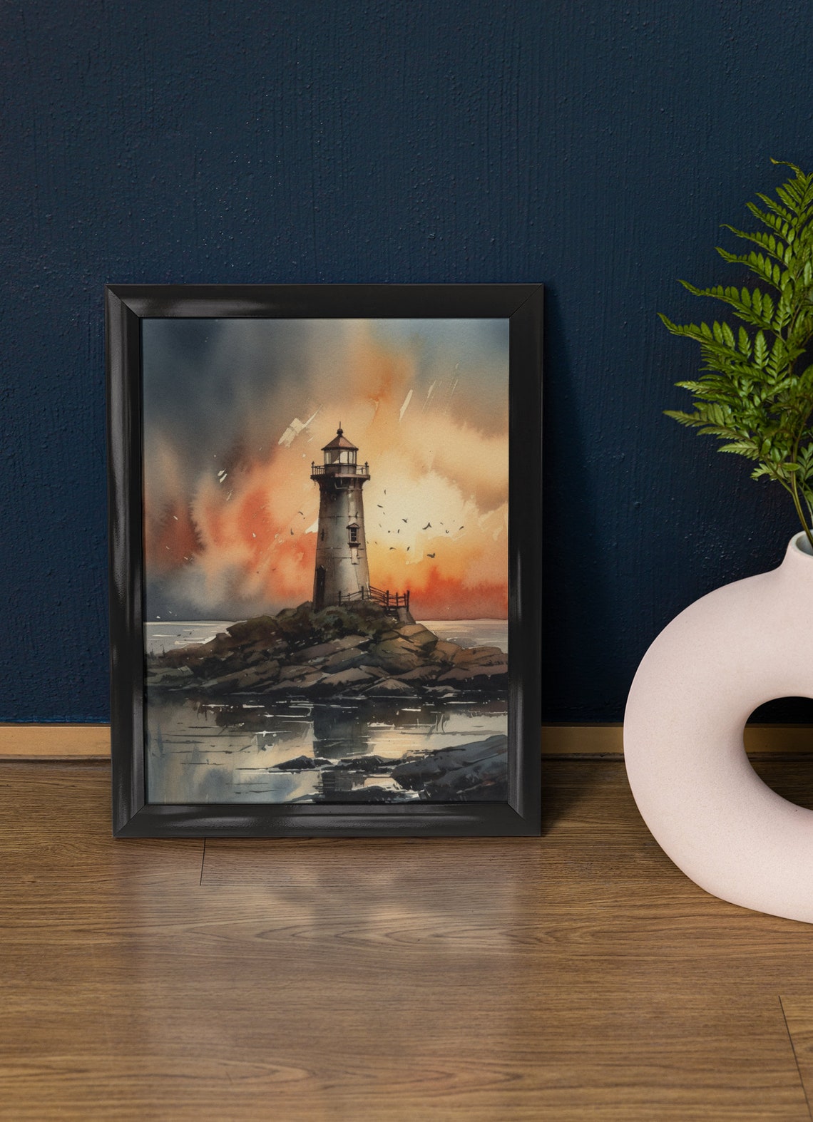 Lighthouse Rocky Islet Fiery Sunset Birds Watercolor Coastal Wall Art