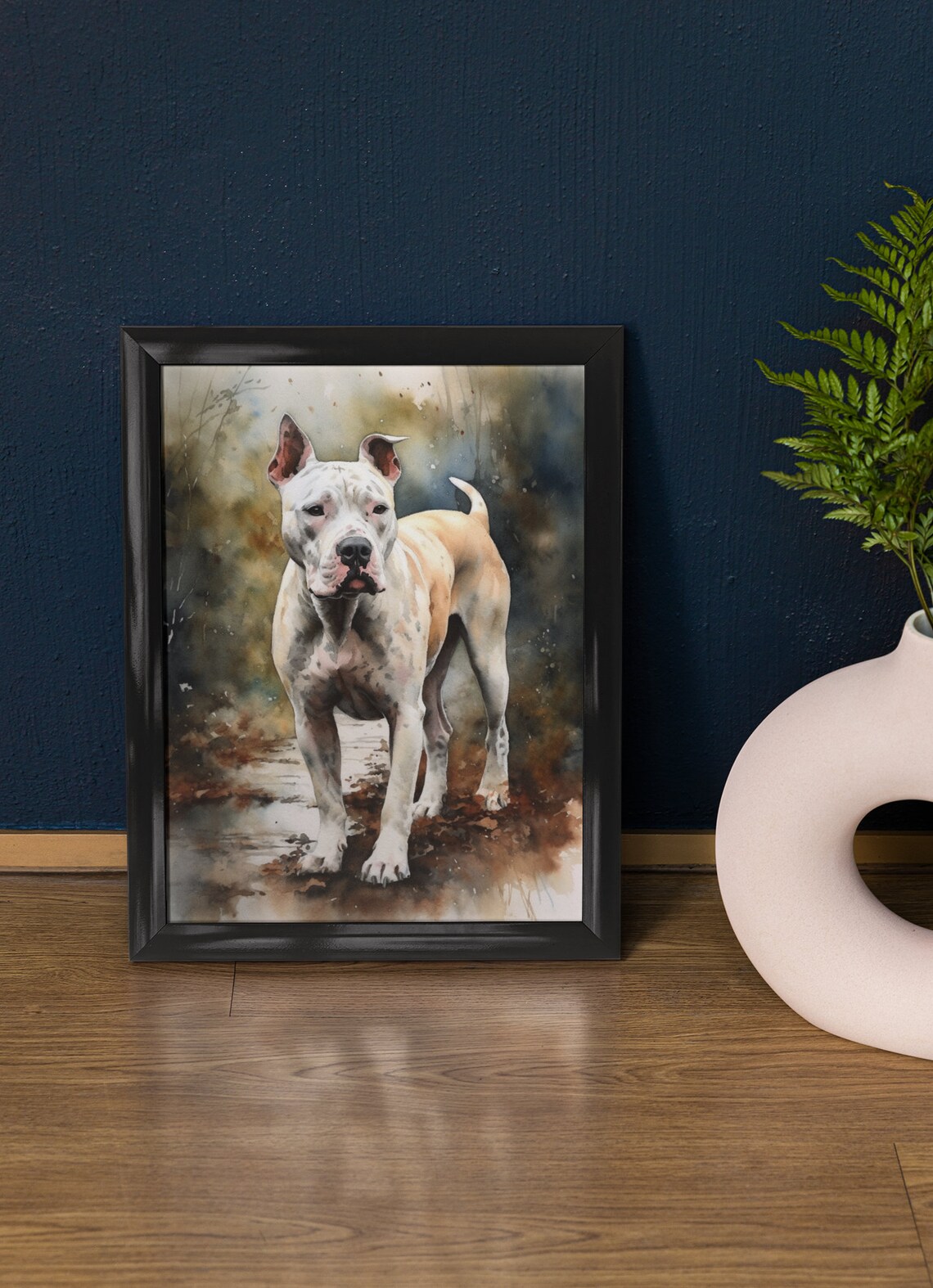 Dogo Argentino White Muscular Dog Standing Watercolor Portrait Poster