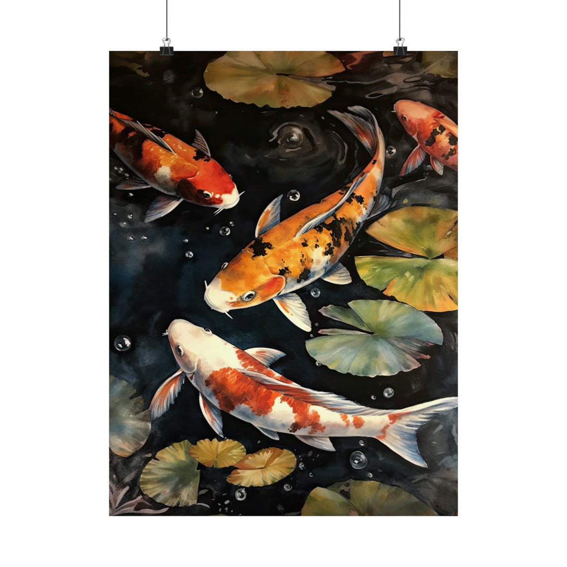 Four Koi Fish Pond with Lily Pads Bubbles Painting Art Print - Image 5