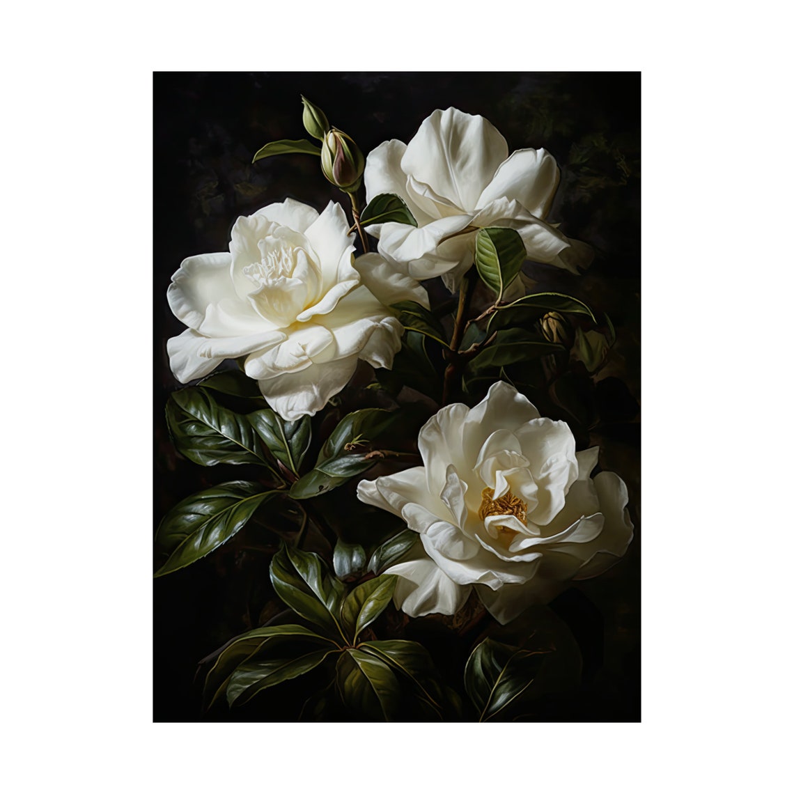 White Gardenia Blooms On Dark Background Moody Botanical Art Poster - Image 4