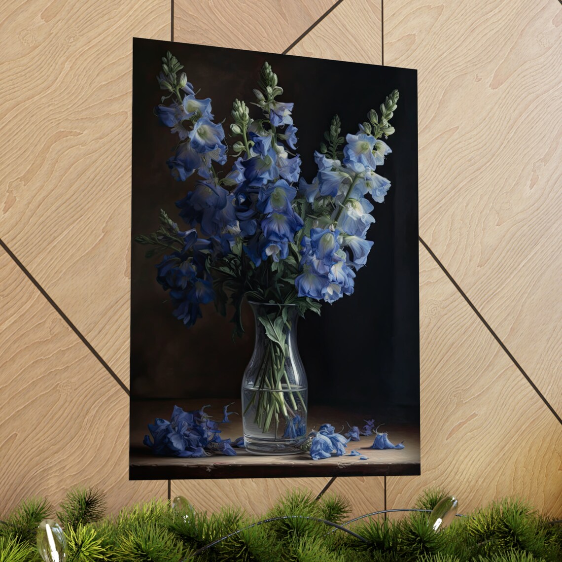 Blue Delphinium Fan Bouquet Glass Vase Dark Still Life Poster - Image 2