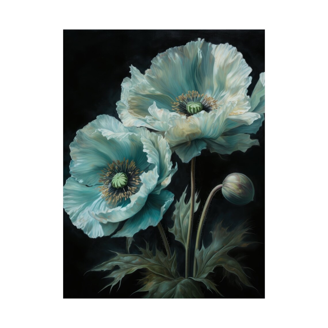 Light Blue Poppy Flowers Icy White Dark Background Painting Poster - Image 4