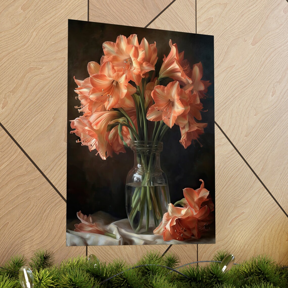 Salmon Amaryllis Blooms Dark Still Life Glass Vase Flower Art Print - Image 2