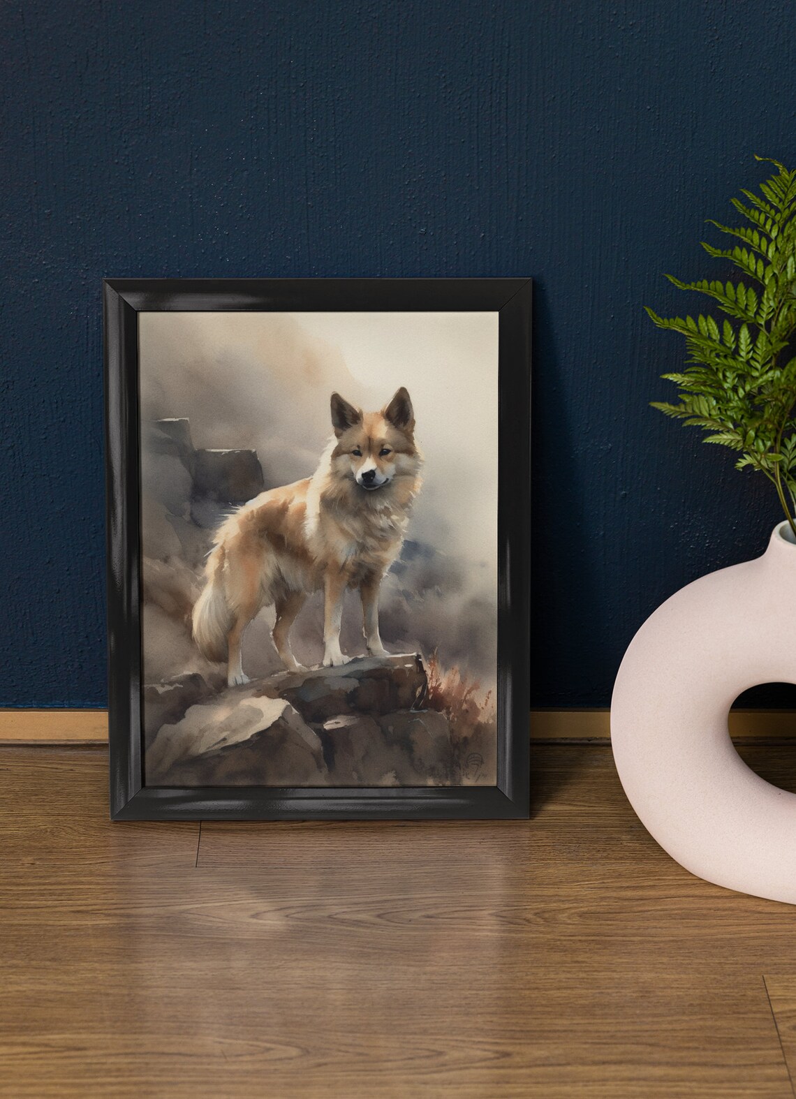 Icelandic Sheepdog on Mountain Rocks Mist Watercolor Dog Art Print