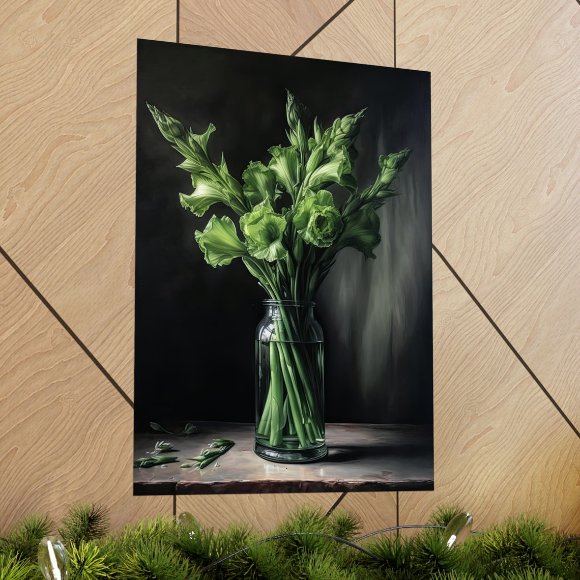 Green Gladiolus Buds Glass Jar Dark Moody Still Life Flower Poster - Image 2