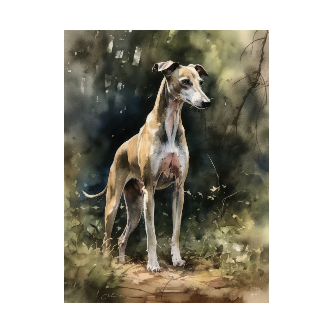 Whippet Dog Woodland Watercolor Portrait Elegant Standing Pose Poster - Image 4