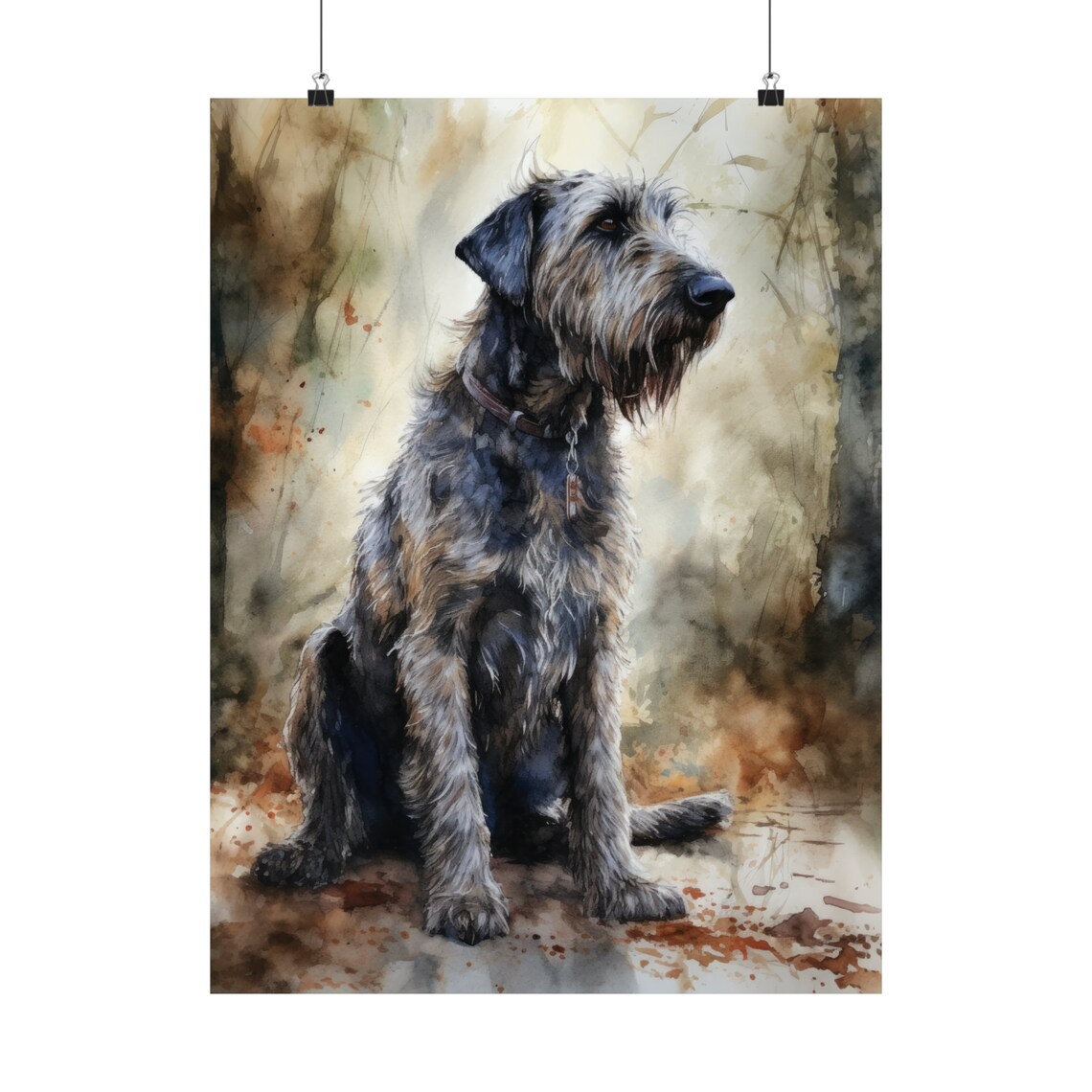 Irish Wolfhound Shaggy Dark Coat Woodland Watercolor Portrait Poster - Image 5