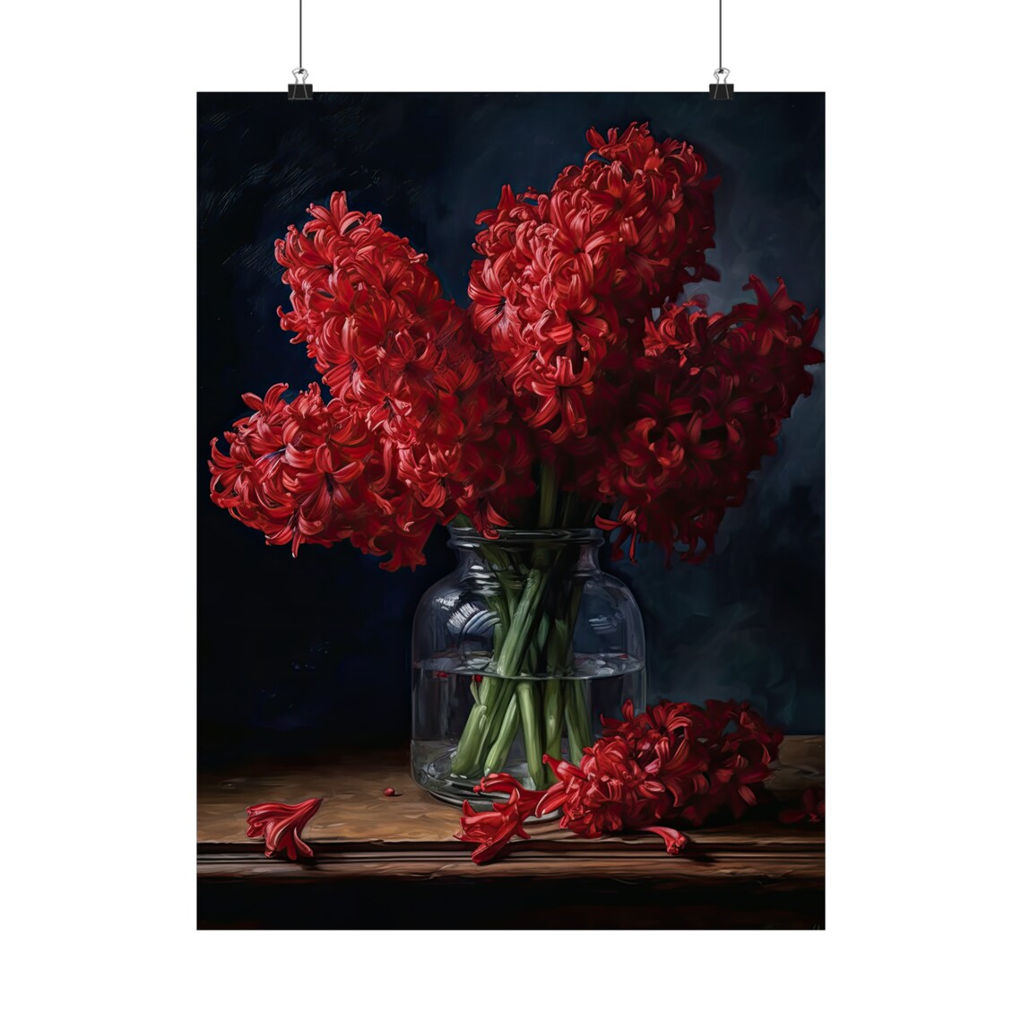 Crimson Red Hyacinth Bouquet Glass Jar Dark Still Life Flower Poster - Image 5