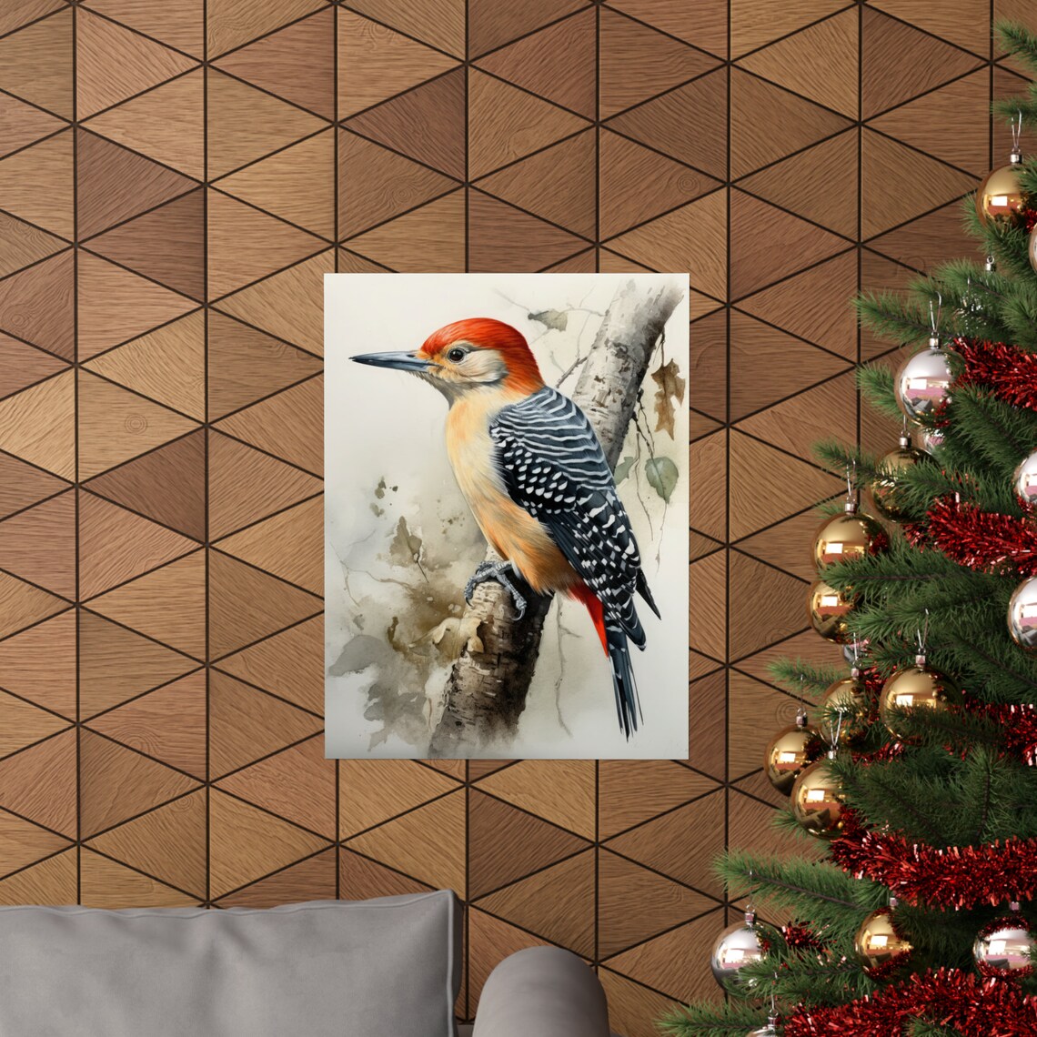 Red Bellied Woodpecker Watercolor Birch Branch Bird Art Poster - Image 3