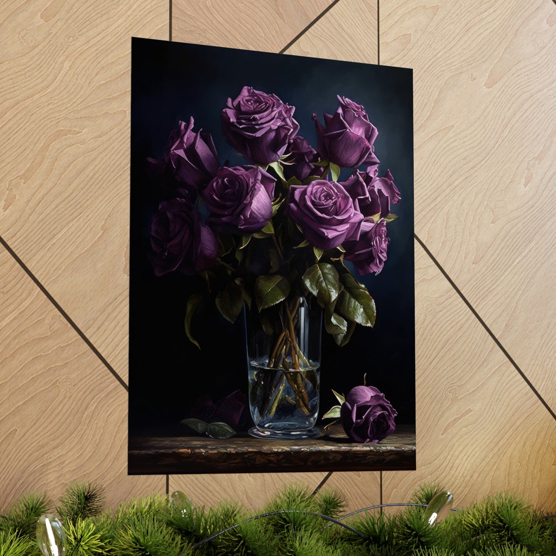 Deep Purple Rose Bouquet Glass Vase Dark Moody Floral Art Poster - Image 2