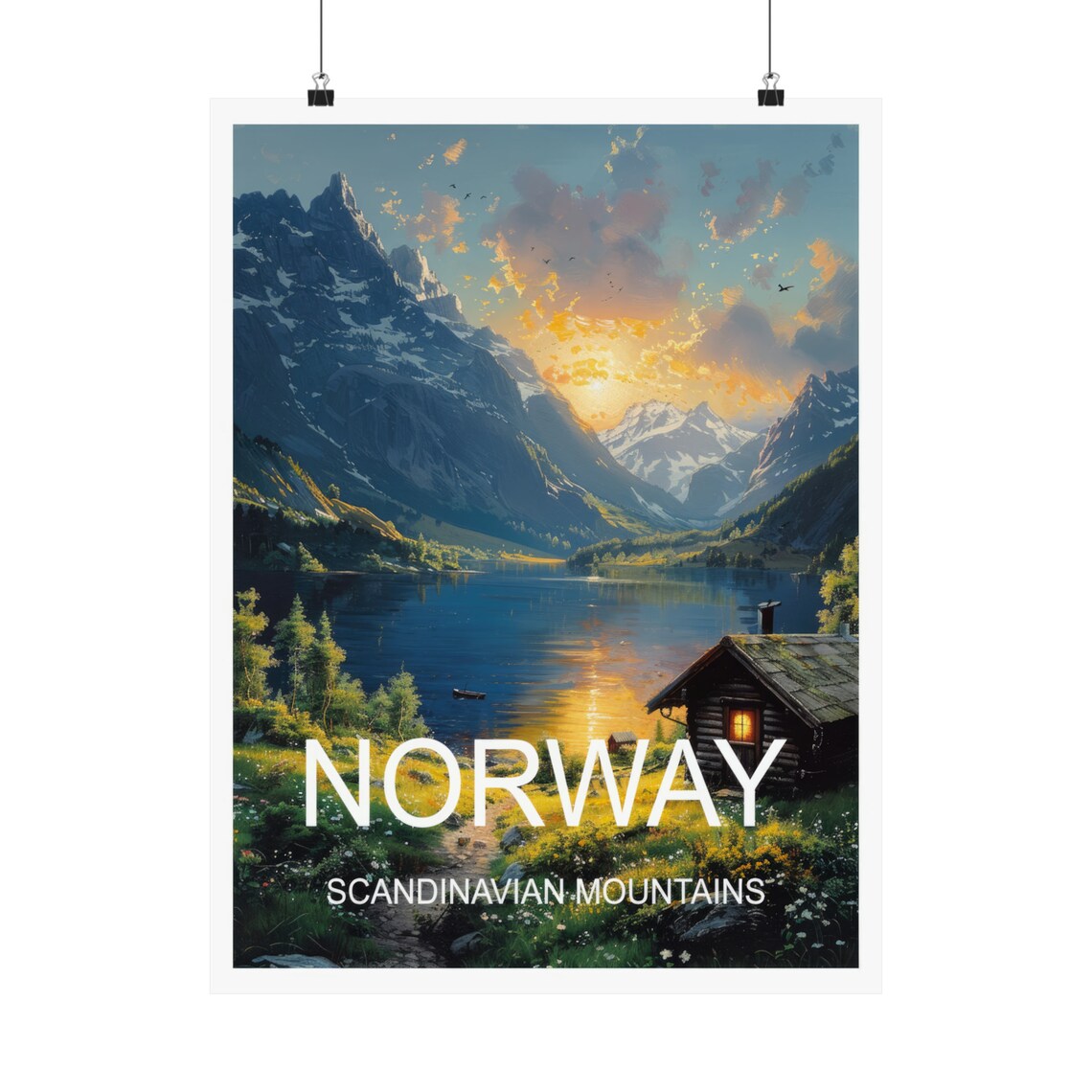 Norway Scandinavian Mountains Fjord Cabin Sunset Travel Poster - Image 5