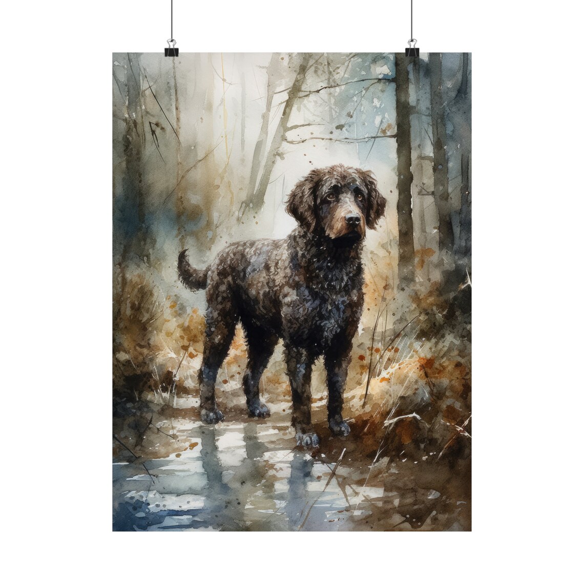 Spanish Water Dog Standing By A Misty Forest Stream Watercolor Poster - Image 5
