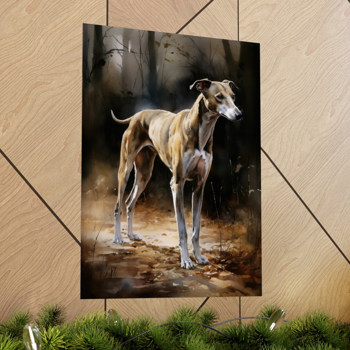 English Greyhound Standing in Dark Woods Watercolor Dog Art Print - Image 2