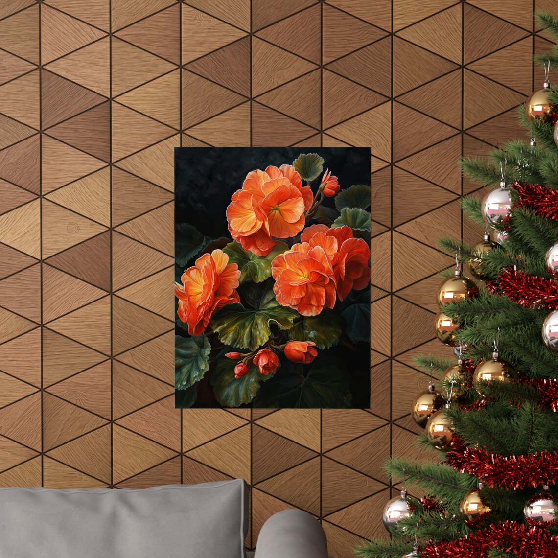 Orange Begonia Bright Bloom Cluster Deep Green Leaves Floral Poster - Image 3
