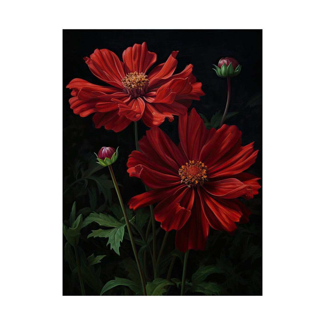 Red Cosmos Blooms Dark Moody Botanical Floral Fine Art Poster - Image 4