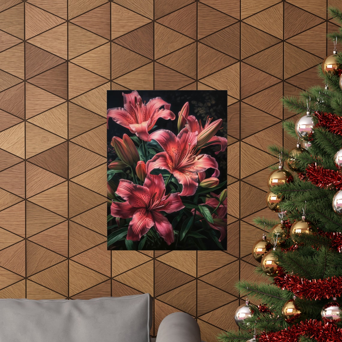 Pink Tiger Lily Blossoms Moody Dark Botanical Floral Art Print - Image 3
