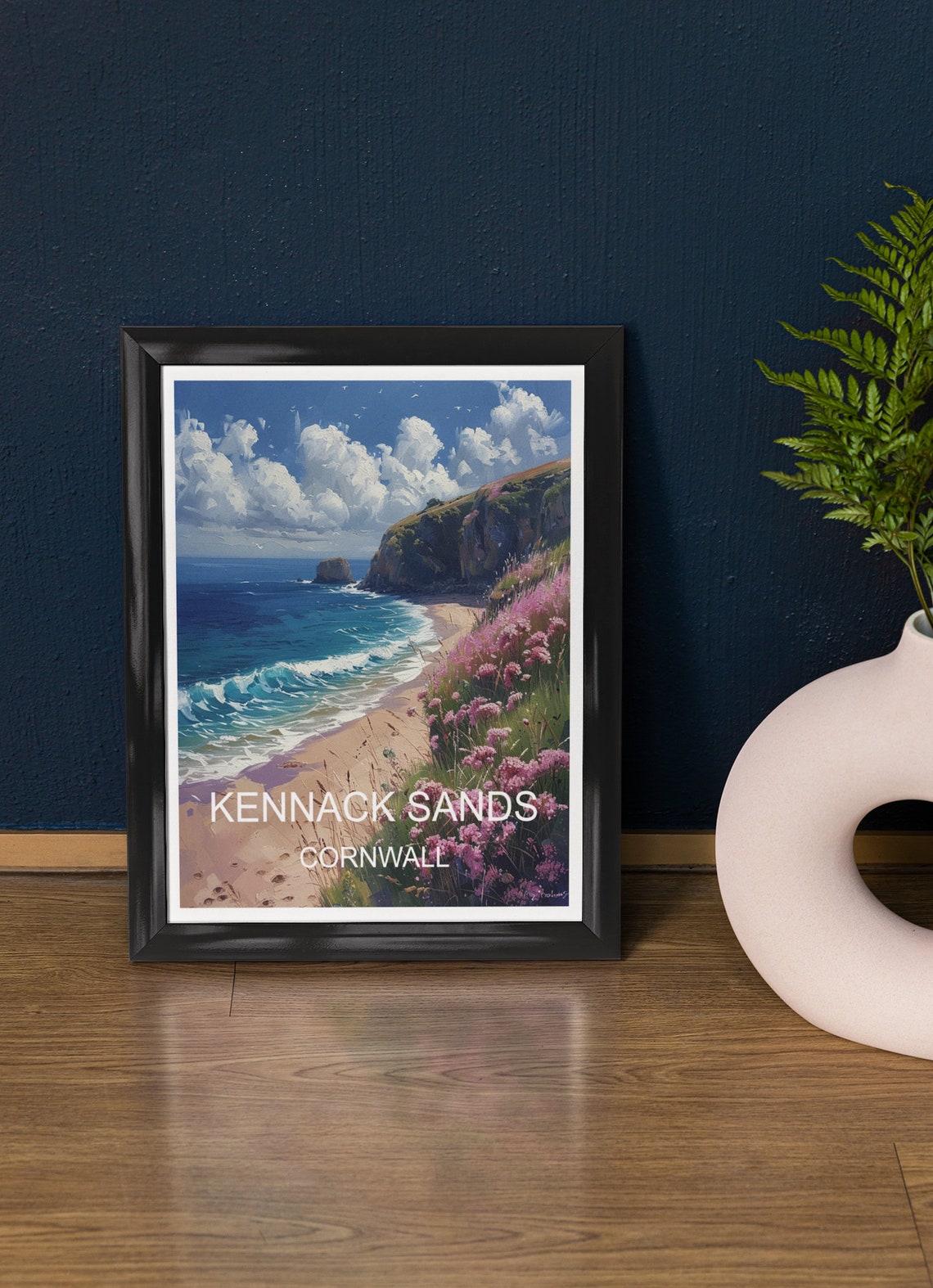 Kennack Sands Cornwall Beach Cliffs Wildflowers Travel Poster
