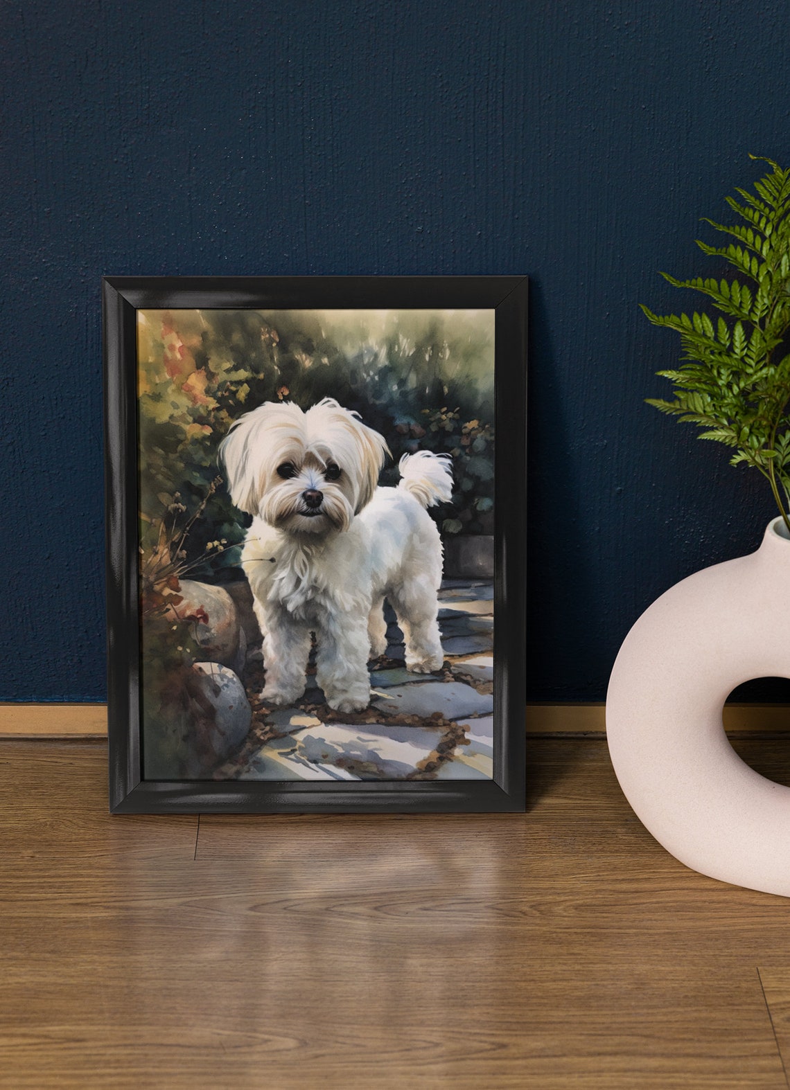 Maltese Dog White Standing on a Stone Garden Path Portrait Poster