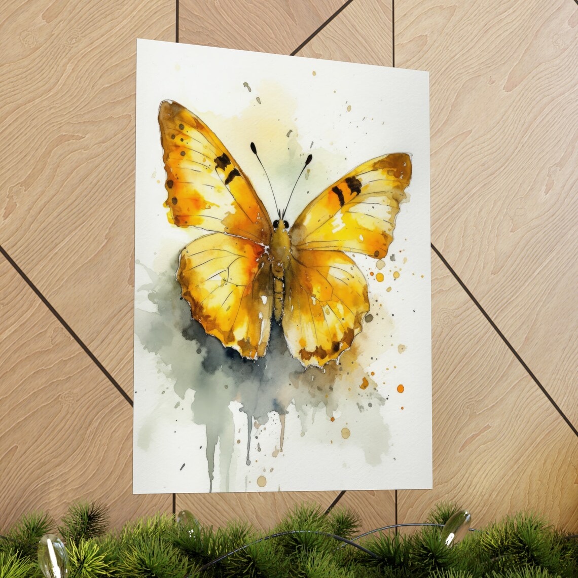 Golden Yellow Butterfly Watercolor Splash Insect Painting Art Print - Image 2