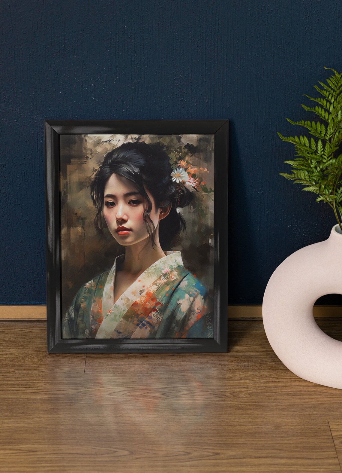 Japanese Woman Floral Kimono Portrait Dark Background Painting Poster