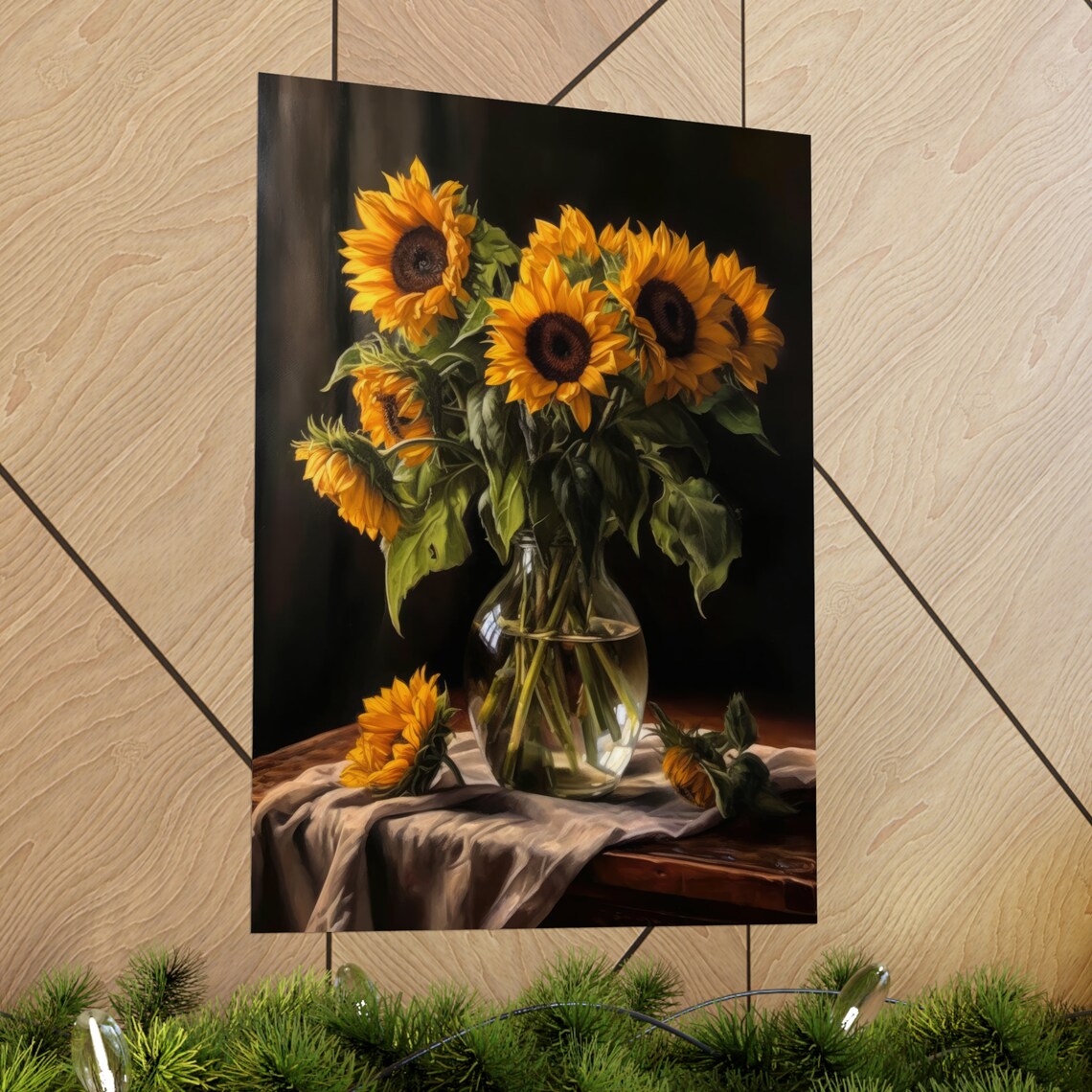 Sunflower Blooms Bright Golden Petals Glass Vase Still Life Poster - Image 2