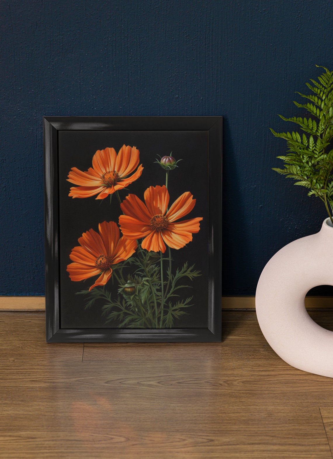 Orange Cosmos Flowers Dark Background Fall Floral Fine Art Poster
