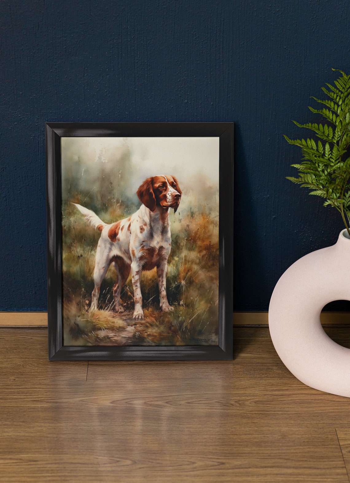 Brittany Dog Standing Alert in Tall Grass Watercolor Portrait Poster