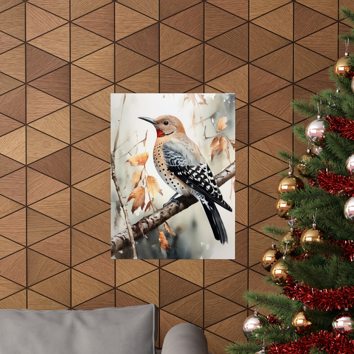 Northern Flicker Woodpecker Perched Watercolor Autumn Branch Art Print - Image 3