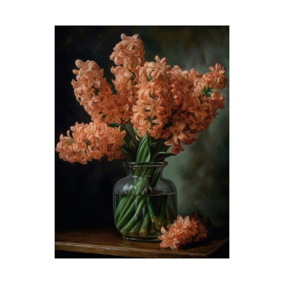 Apricot Hyacinth Blossoms Glass Vase Dark Still Life Flower Poster - Image 4