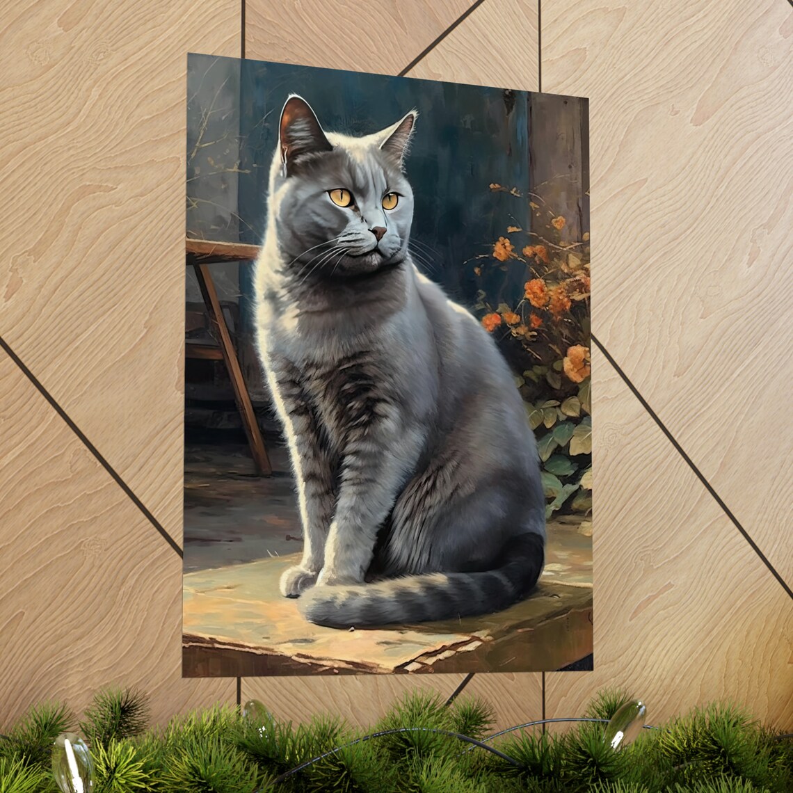 Chartreux Cat Blue Gray Coat With Amber Eyes Sitting On Ledge Art Print - Image 2