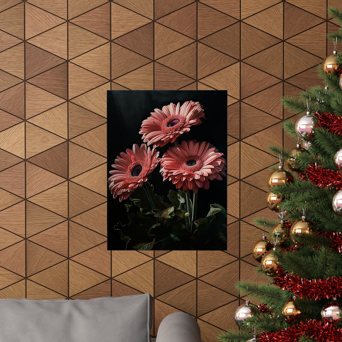 Pink Gerbera Daisies Dark Moody Elegant Floral Oil Painting Wall Art - Image 3