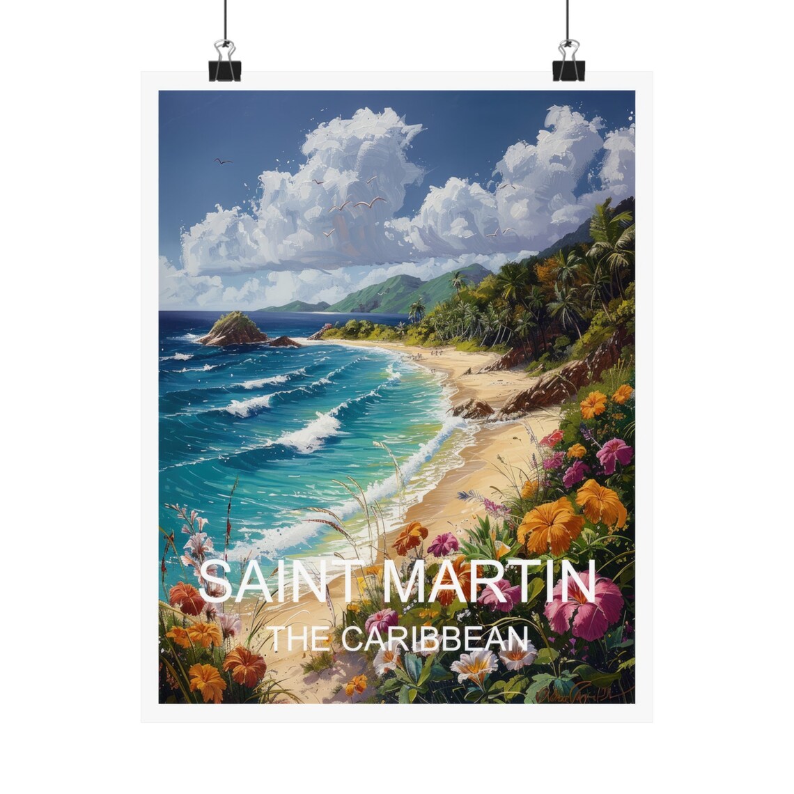Saint Martin Caribbean Beach Tropical Flowers Ocean Travel Poster - Image 4
