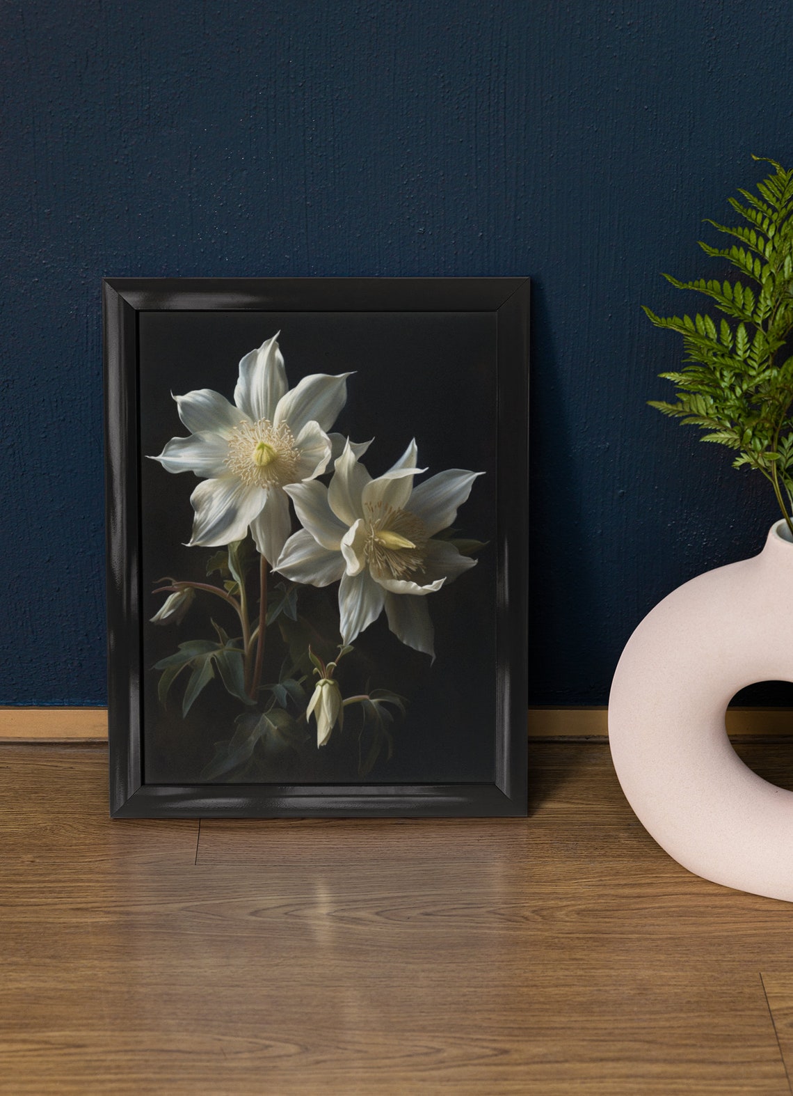 White Columbine Ivory Blooms Dark Botanical Floral Painting Poster