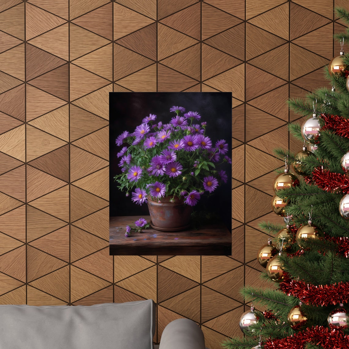 Purple Aster Flowers Rustic Copper Pot Moody Floral Painting Art Print - Image 3