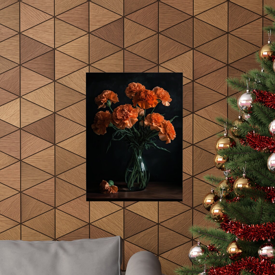 Orange Carnation Bouquet Glass Vase Still Life Floral Art Poster - Image 3