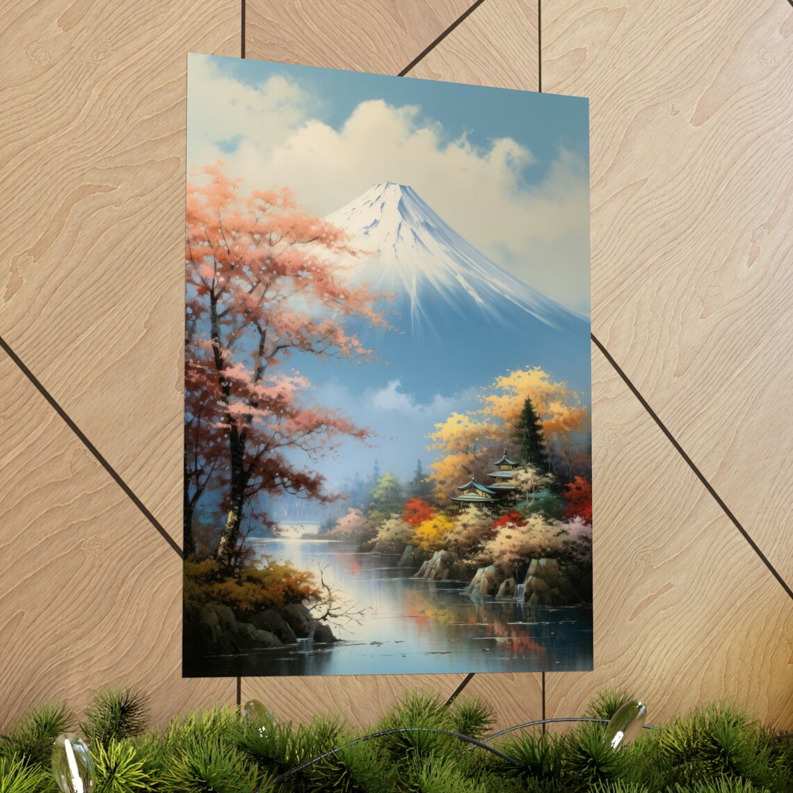 Mt Fuji Autumn Cherry Blossoms Lake Pagoda Colorful Travel Poster - Image 2